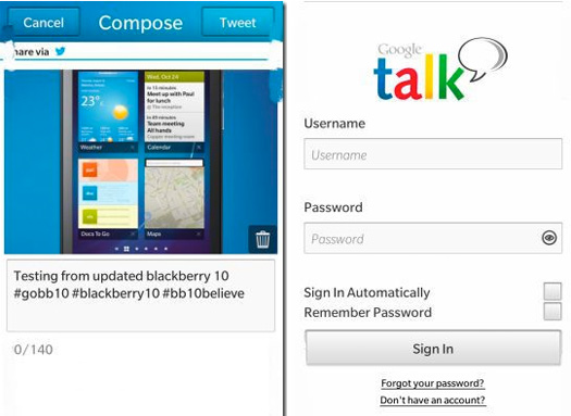 BlackBerry 10 Google Talk  y Twitter oficial app