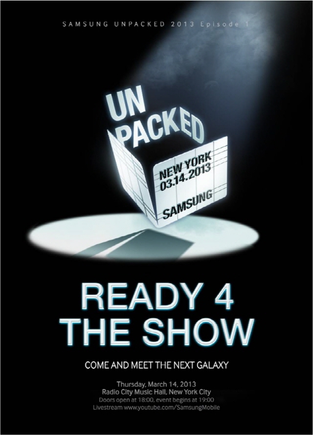 Samsung Unpacked event marzo 14 2013 Póster Galaxy S IV