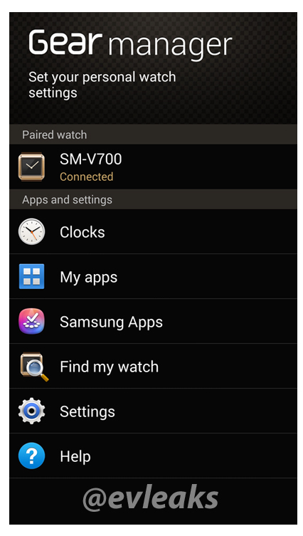 Galaxy Gear manager app Settings, My apps, Clocks, etc
