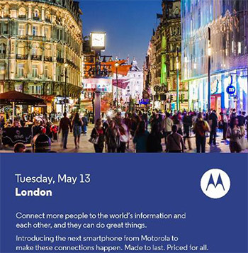 Motorola invitación mayo 13 en Londres nuevo smartphone