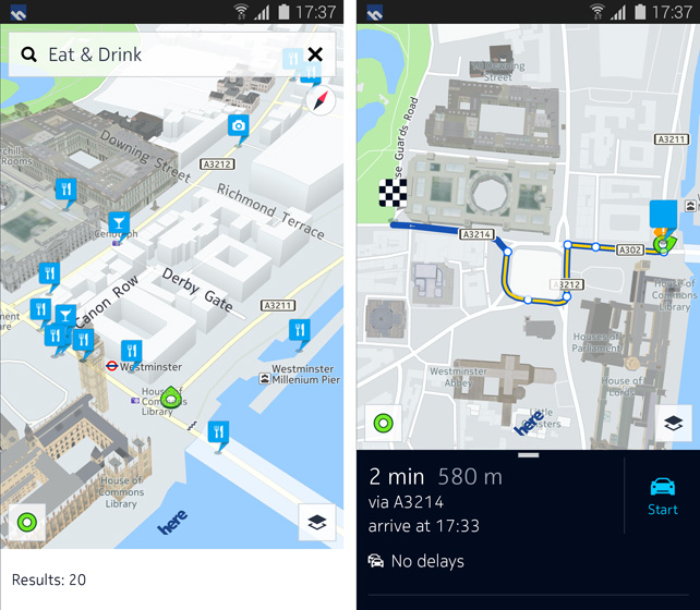 Nokia Here Mapas en un Galaxy S5 de Samsung