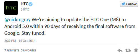 HTC tuit sobre One M8 con Android 5.0 Lollipop