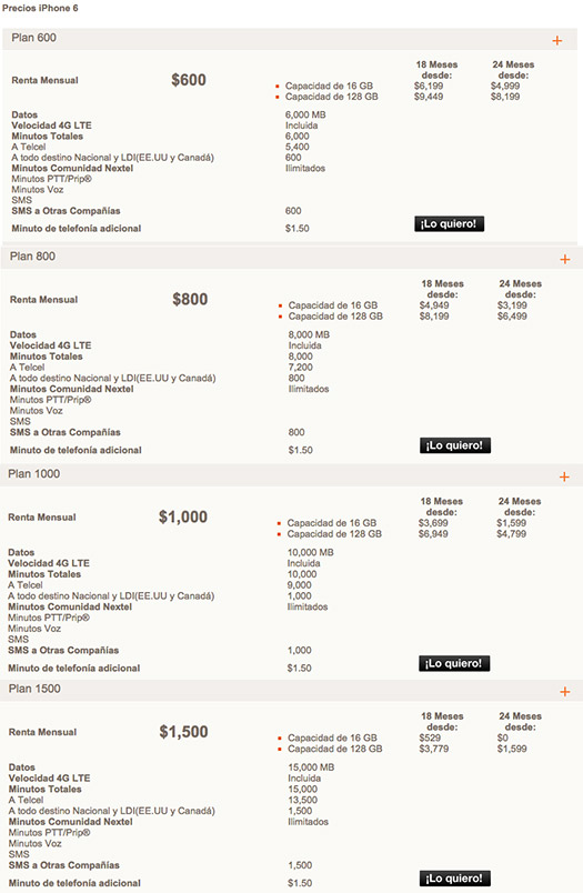 iPhone 6 en Nextel precios en planes de renta
