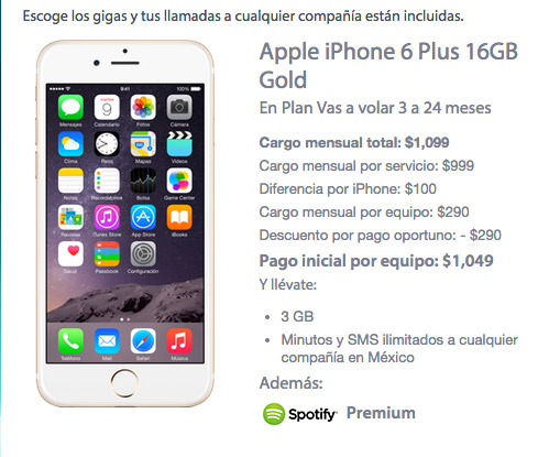 iPhone 6  Plus 16 GB con Movistar precio en plan de renta