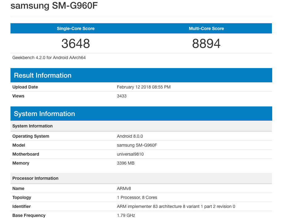 Resultados en Geekbench del Galaxy S9 con Exynos