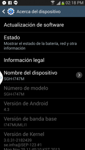 Capturas Samsung Galaxy S III Android 4.3 Jelly Bean en México con Telcel Acerca de