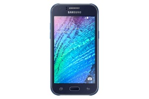Samsung Galaxy J1 en color azul frente pantalla
