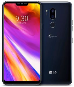 LG G7 ThinQ foto oficial mostrando pantalla tipo notch y cámara posterior dual, lector de huellas y enfoque láser
